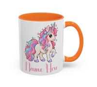 TheMugVault Personalised Unicorn Mug - Orange 11oz | Custom name ceramic cup with a pastel rainbow mane, striped horn and colourful stars, magical birthday gift