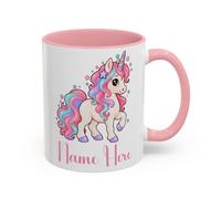 TheMugVault Personalised Unicorn Mug - Pink 11oz | Custom name ceramic cup with a pastel rainbow mane, striped horn and colourful stars, magical birthday gift