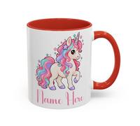 TheMugVault Personalised Unicorn Mug - Red 11oz | Custom name ceramic cup with a pastel rainbow mane, striped horn and colourful stars, magical birthday gift