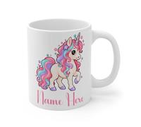 TheMugVault Personalised Unicorn Mug - White 11oz | Custom name ceramic cup with a pastel rainbow mane, striped horn and colourful stars, magical birthday gift