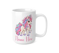 TheMugVault Personalised Unicorn Mug - White 15oz | Custom name ceramic cup with a pastel rainbow mane, striped horn and colourful stars, magical birthday gift