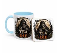 TheMugVault Tea Til I Die Halloween Mug & Coaster Set, Baby Blue 11oz | Tea Til I Die grim reaper mug with gothic skeleton artwork - Halloween, tea lover, spooky season or alternative gift