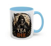 TheMugVault Tea Til I Die Halloween Mug, Grim Reaper Design, Baby Blue 11oz | Tea Til I Die grim reaper mug with gothic skeleton artwork - Halloween, tea lover, spooky season or alternative gift