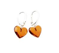 TheNaturalAmber Cognac Baltic Amber Heart Drop Earrings for Women - Genuine Amber and 925 Sterling Silver Dangle Jewelry