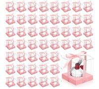 Thenshop 50 Pcs Clear Cupcake Boxes Individual 3.5 Inch Plastic Single Cupcake Containers Boxes with Inserts and Ribbon Individual Cake Storage Holders for Cake Kitchen(Pink)