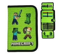 Theonoi Pencil Case Pencil Case 2 Compartments Double Decker Pencil Case Filled, Minecraft, ca. 14 x 20 x 3 cm (geschlossen), pencil case