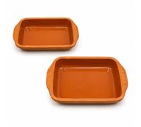 TheOwnas Terracotta Rectangular Oven Dishes - Set of 2, Glazed Clay Natural Baking Trays with Handles - Ovenproof Roasting Dishes for Tapas, Mezze, Dips, Baking & Serving.