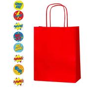 Thepaperbagstore 15 Red Small Twist Handle Paper Bags + 15 Reward Stickers, Kids Party, Gift, Craft and Sweet Bags - 180x220x80mm