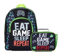 ThePyjamaFactory Eat Game Sleep Boys Girls Gaming Backpack and Lunch Box Bag 2 Piece Set Gamer Rucksack Kids School Bag