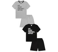 ThePyjamaFactory Eat Sleep Football Repeat Short Black Grey 2 Pack Boys Pyjamas PJs For Kids (10-11 Years)