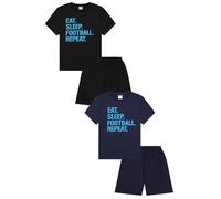 ThePyjamaFactory Eat Sleep Football Repeat Short Black Navy 2 Pack Boys Pyjamas PJs For Kids (7-8 Years)