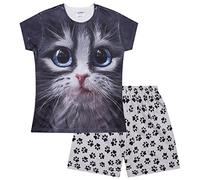 ThePyjamaFactory Girls Cat Blue Eyes Short Pyjama Set Paw Print Kids PJs