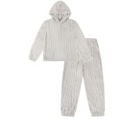 ThePyjamaFactory Girls Grey Stripe Jaquard Fleece Lounge Set Kids Pyjamas (9-10 Years)