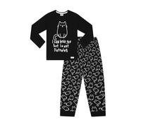 ThePyjamaFactory Girls I Can Hear You But I'm Not Listening Cat Long Cotton Pyjama Set (14-15 Years) Black