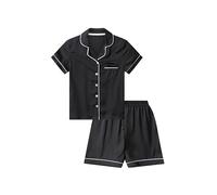 ThePyjamaFactory Girls Satin Short Black Pyjama Set Summer Silk Pjs for Kids (14-15 Years)