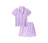 ThePyjamaFactory Girls Satin Short Lilac Pyjama Set Summer Silk Pjs for Kids (7-8 Years)