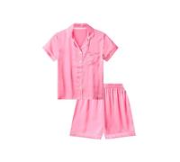 ThePyjamaFactory Girls Satin Short Pink Pyjama Set Summer Silk Pjs for Kids (13-14 Years)
