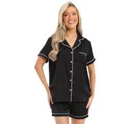 ThePyjamaFactory Womens Satin Black Short Pyjama Set Summer Two Piece Pyjamas for Ladies Silk Pjs (16-18)