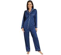 ThePyjamaFactory Womens Satin Blue Long Pyjama Set Summer Two Piece Pyjamas for Ladies Silk Pjs (6-8)