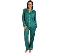 ThePyjamaFactory Womens Satin Green Long Pyjama Set Summer Two Piece Pyjamas for Ladies Silk Pjs (8-10)