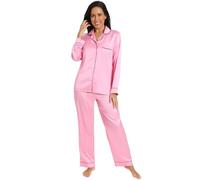 ThePyjamaFactory Womens Satin Pink Long Pyjama Set Summer Two Piece Pyjamas for Ladies Silk Pjs (16-18)