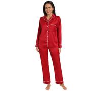 ThePyjamaFactory Womens Satin Red Long Pyjama Set Summer Two Piece Pyjamas for Ladies Silk Pjs (16-18)