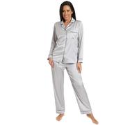 ThePyjamaFactory Womens Satin Silver Long Pyjama Set Summer Two Piece Pyjamas for Ladies Silk Pjs (14-16)