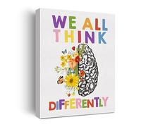 Therapy Office Poster Canvas Wall Art for Office Home Decor - Neurodiversity We All Think Differently Canvas Print Wall Art Floral Brain Painting Ready to Hang - Easel & Hanging Hook 12x15 Inch
