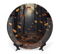 There Are Many Autumn Leaves Falling in The Forest Ceramic Decorative Plate 8inch Bone China Wall Hanging Ornament Plates Bohemian Style Dinner Plate with Stand Cabinet Display Plates for Home Art Dec