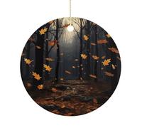 There are Many Autumn Leaves Falling in The Forest Double-Sided Ceramic Christmas Ornaments - Round Hanging Mini Xmas Tree Decorations, Ideas for Farmers, Rustic Home Decor for Indoor Out