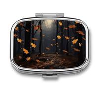 There Are Many Autumn Leaves Falling in The Forest Pill Box - 2 Compartment Travel Pill Organizer with Small Mirror, Portable Pillcase for Pocket & Purse, Cute Square Medicine Case, Weekly Medicine Co
