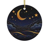 There Are Stars And Moon On It Christmas Ceramic Round Ornament - Double Sided Print Xmas Tree Hanging Decoration With Gold String