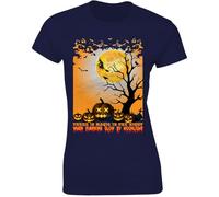 There is Magic in The Night Ladies Tshirt Halloween Horror Scary Womens Tshirt Vampire Bats Spooky Party Night Ghostly Graphic T-Shirt Navy Blue - Large