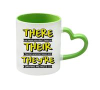 There, Their, They're, English Grammar Teacher Gift, Heart Handle Coffee, Tea Mug. (Green)