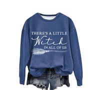 There's A Little Witch In All Of Us. Women's Monogram Print Halloween Witch Crew Neck Hoodless Hoodie Hoodie Sweatshirt Women Oversized Plain Pullover Sweatshirts Blue