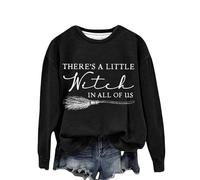 There's A Little Witch In All Of Us. Women's Monogram Print Halloween Witch Crew Neck Hoodless Hoodie Hoodie Sweatshirt Women Oversized Plain Pullover Sweatshirts Black