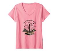 Theres No Such Thing As Too Many Books Reading Art V-Neck T-Shirt, Women, Pink, L