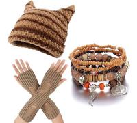 Therian Gear Y2K Clothes,Grunge Clothing - Emo Beanie, Fingerless Gloves,Five Fairycore Bracelets, Brown, One Size