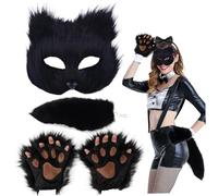 Therian Mask and Tail Set, Fox Cat Wolf Cosplay Costume Set Fluffy Paw Gloves and Ears for Masquerade Cosplay Party Grey
