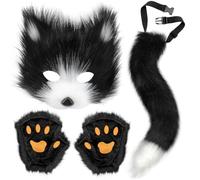 Therian Mask and Tail Set, Handmade Wolf Paw Gloves Faux Fur Fox Tail Cat Cosplay Halloween Masquerade Costume Black&White