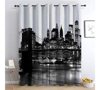 Thermal Blackout Curtains - New York Skyline With Brooklyn Bridge At Night Theme, Cityscape Eyelet Window Drapes for Living Room, Kids Room, Bedroom, 2 Panels 92 x 72 in