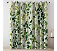 Thermal Curtains Green Leaves Fresh Pastoral Traditional Blackout Eyelet Curtains Printed Thermal Insulated Ring Top Black Out Curtain Window W 55" x L 102" (2 Panels) Treatment Green White