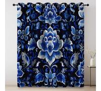 Thermal Curtains Peony Blue And White Chinese Style Traditional Blackout Eyelet Curtains Printed Thermal Insulated Ring Top Black Out Curtain Window W 46" x L 90" (2 Panels) Treatment Blue White
