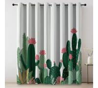 Thermal Curtains Plants Cacti Floral Art Traditional Blackout Eyelet Curtains Printed Thermal Insulated Ring Top Black Out Curtain Window W 66" x L 90" (2 Panels) Treatment Green Pink