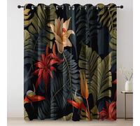 Thermal Curtains Tropical Flowers Jungle Traditional Blackout Eyelet Curtains Printed Thermal Insulated Ring Top Black Out Curtain Window W 55" x L 102" (2 Panels) Treatment Red Green