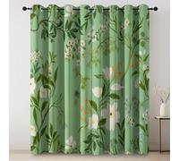 Thermal Curtains White Flowers Green Leaves Countryside Traditional Blackout Eyelet Curtains Printed Thermal Insulated Ring Top Black Out Curtain Window W 55" x L 102" (2 Panels) Treatment
