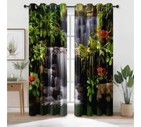 Thermal Eyelet Curtains Tropical Plants Flowers Waterfall Illustration Print, Green Fade Resistant Noise Reducing Energy Efficient Blackout Curtains - W 66" x L 90" (2 Panels) for Bedroom Kids Nursery