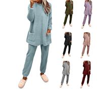 Thermal Fleece Long Sleeve Pyjamas For Women Uk - Round Neck Warm Pajama Set 2 Piece For Women - Fleece Loungewear Sets Fluffy Nightwear Soft Long Sleeve Tops And Thermal Bottoms Pjs Loose Sleepwear