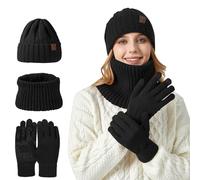 Thermal Hat Scarf and Gloves Set Ladies, Winter Knitted Beanie Hat Fleece Lined Pullover Scarf Touchscreen Gloves 3 in 1 Cold Weather Set For Thickened Winter Snowflake (Black, One Size)