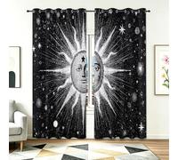 Thermal Insulated Blackout Drapes W 46" x L 72" (2 Panels), Solid Black & Minimalist White Dark Boho Sun Face Motif Pattern, Soft Ring Top Curtains for Office, Meditation Room Tarot Room